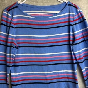 Talbots Bateau Neck Striped Top Tee Size Medium Blue Pink 3/4 Sleeve Pima Cotton